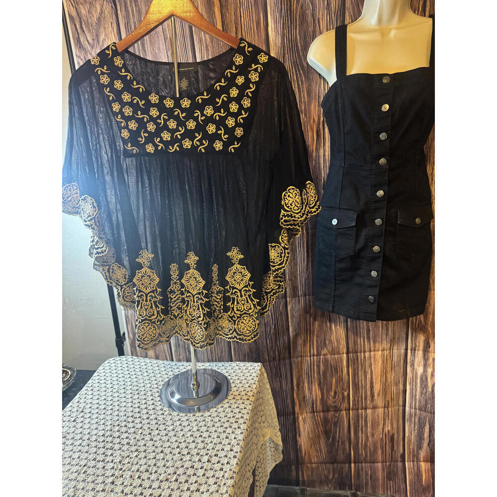 Black Gold‎ Embroidered Boho Set Sheer Top + Button Mini Dress S/M Glam Y2K